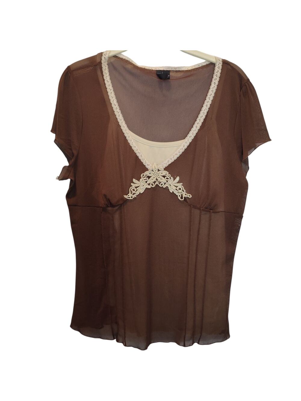 Vintage Y2K Molly Maxi Sz XL Brown Babydoll Top Sheer Mesh Lace Fairy Grunge